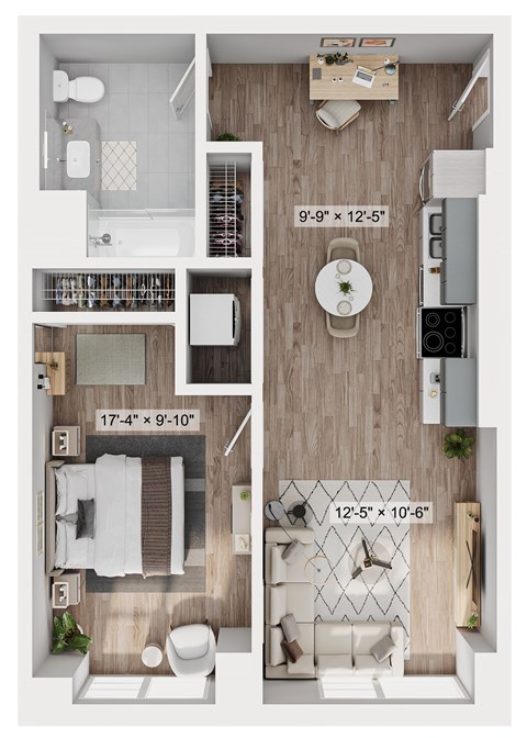A floor plan of a small apartment with a kitchen, living room, and bathroom.